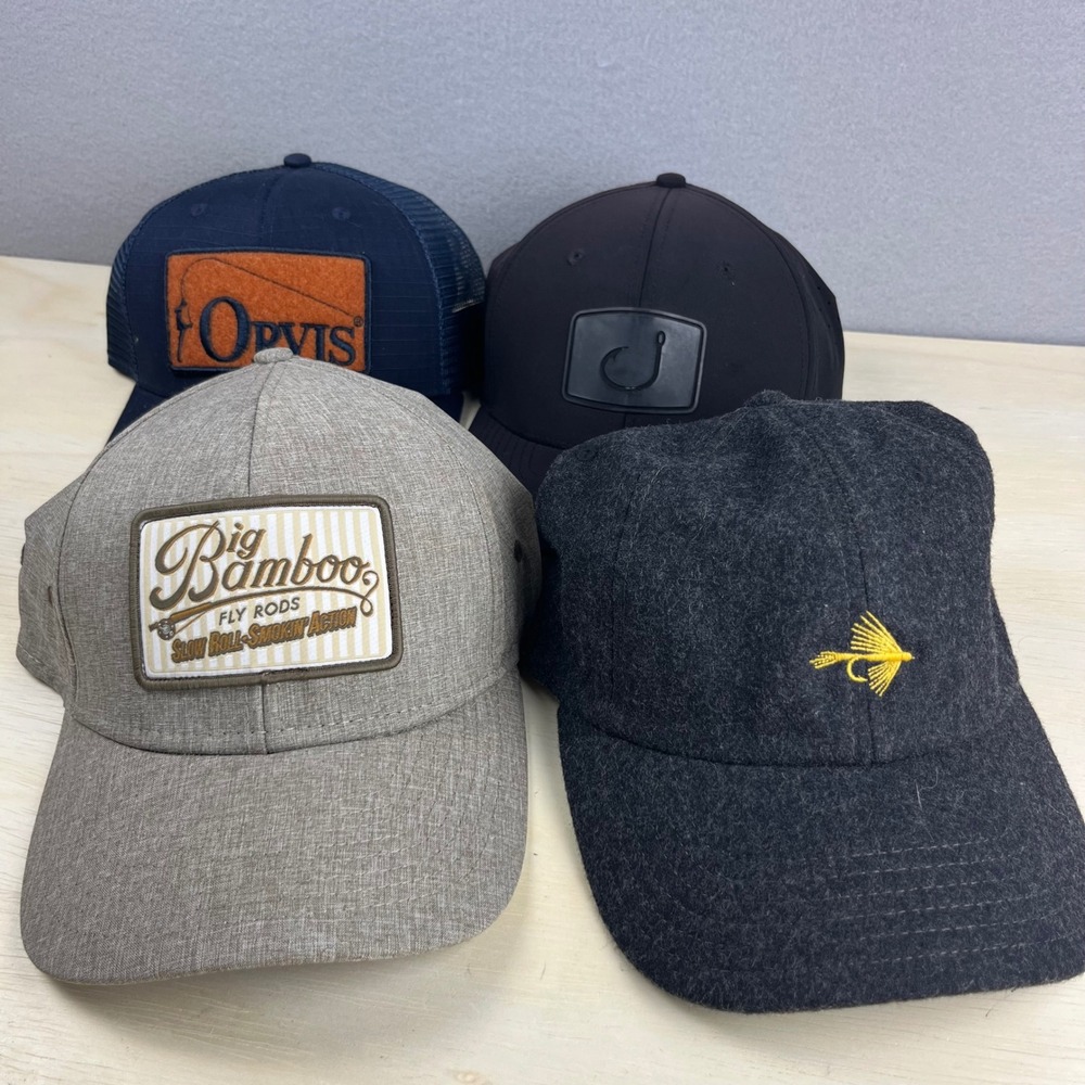 Lot of 4 Fly Fishing Hats Orvis Avid Big Bamboo Fly Rods Trucker Caps